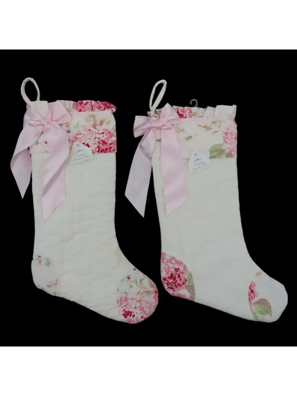 Simply Shabby Chic Pair of 2 Pink Floral Ruffle Christmas Stockings Holiday Xmas